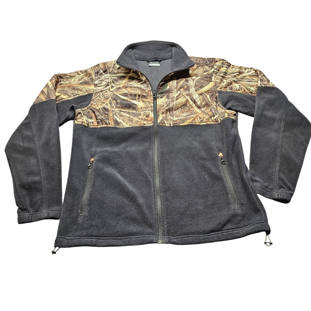 Columbia PFG Fleece Jacket Mens M Black Camo Full Zip Hunting Fishing Utility
